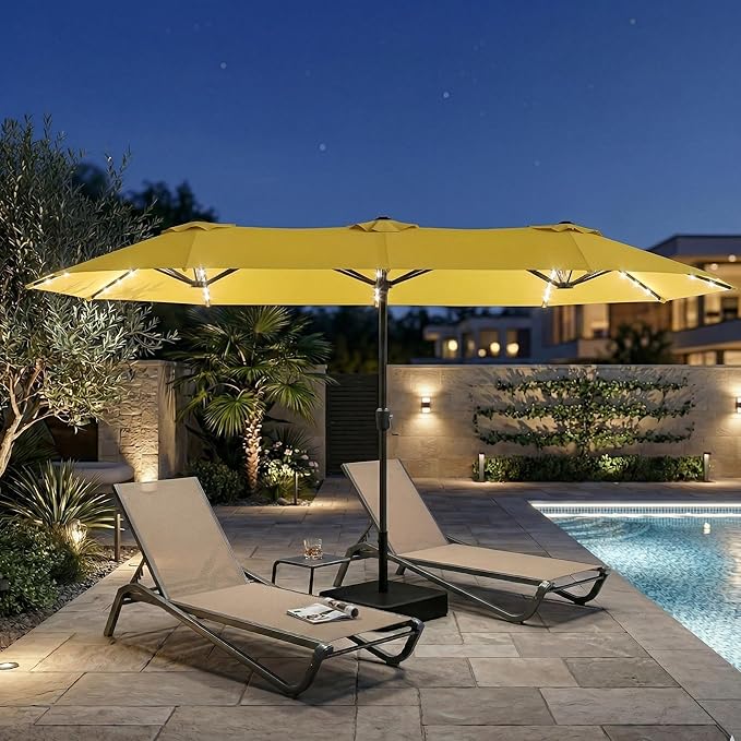 15FT Large Outdoor Patio Umbrella with Solar Lights and Base, Double-Sided Table Umbrellas with 48 LED Lights, Rectangle Market Umbrella for Pool, Deck, Backyard