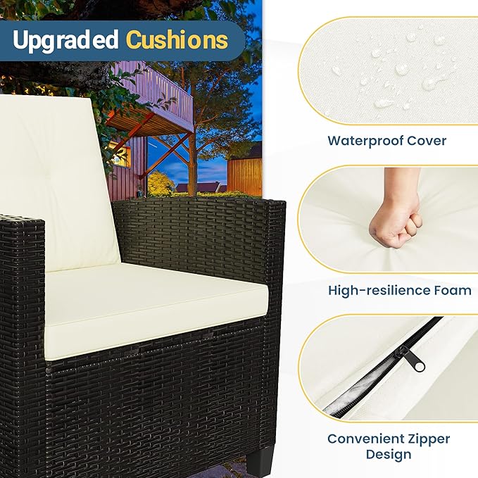Green4ever Patio Conversation Sets, Wicker Outdoor Patio Furniture Set, 4 Pieces All Weather Rattan Patio Sofa with Wood Coffee Table and Thick Cushions, Beige