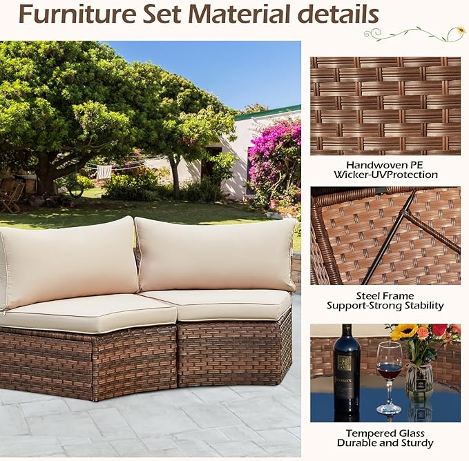 ECOTOUGE Outdoor Patio Furniture Set, 7-Piece Half-Moon All-Weather Wicker Curved Outdoor Sofa, Rattan Conversation Set with Storage Table, Fit for Pool, Backyard, Balcony, Garden(Brown&Beige)