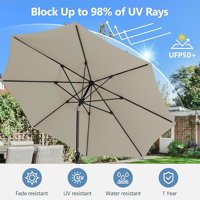 Kiss the Water Outdoor Patio Umbrella, Patio Umbrella with Push Button Tilt/Crank, Outdoor Umbrella with 8 Sturdy Ribs, Large Umbrella for Backyard, Pool, Deck, Market