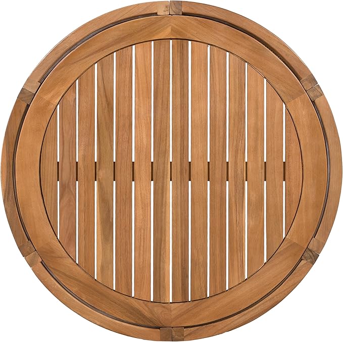 IRONORA Natural Acacia Wood Round Patio Coffee Table, Woven Rope Panel Drum Accent Cocktail Table, Slatted Top Outdoor Center Table for Backyard Balcony Living Room Coastal Farmhouse Decor