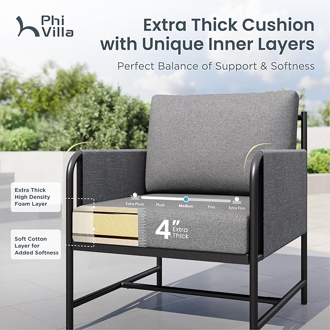 PHI VILLA Patio Furniture Metal Armchair,2 PCS All-Weather Outdoor Contemporary Sofa Chair,Black Frame with Cushion（Backyard ICON Collection）