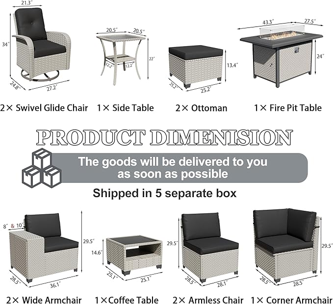 12-Piece Outdoor Patio Furniture Set with Fire Pit, Modular Sectional Sofa Set with Swivel Rocker Chairs & Ottomans, Wicker Outdoor Couch Conversation Sets w/Coffee Table and Cushions, Black