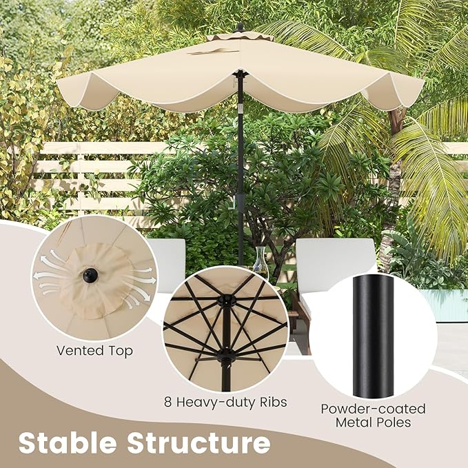 HAPPYGRILL 9 FT Patio Umbrella with Ruffled Edges, Outdoor Table Umbrella with Push Button Tilt, Crank, 8 Ribs, Heavy-Duty Market Sunshade for Yard Garden Pool