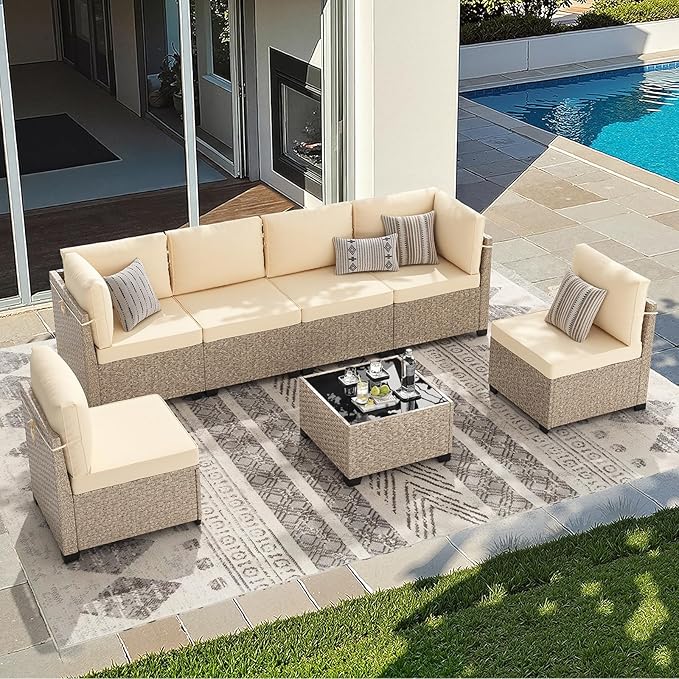 Soohow 7-Piece Patio Furniture Set, Outdoor Sectional All-Weather Wicker Patio Conversation Set for Garden, Porch, Backyard - Beige Cushions