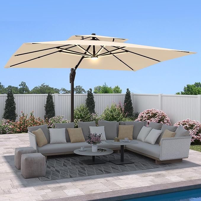 9 X 12 FT Cantilever Outdoor Patio Umbrella with LED Lights Large Heavy Duty 360° Rotation Double Top Offset Rectangular Umbrellas for Backyard Garden Pool Outside Deck, Beige