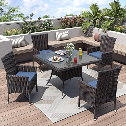 ALAULM 5 Piece Patio Dining Set All-Weather Wicker Outdoor Patio Furniture Set w/Tempered Glass Tabletop, Removable Cushions and Umbrella Hole for Patio, Backyard, Garden, Poolside（Dark Blue）