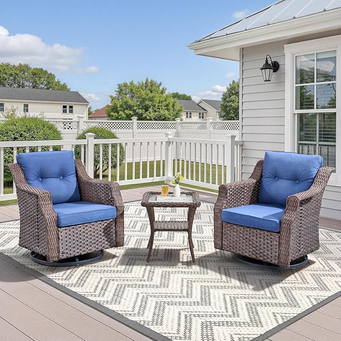 Outdoor Swivel Rocking Chair 3-Piece Set,All-Weather Wicker Rocking Chair Combination PE Rattan with Elegant Side Table Ideal for Courtyards, Balconies, Patios, and Porches Brown/Blue