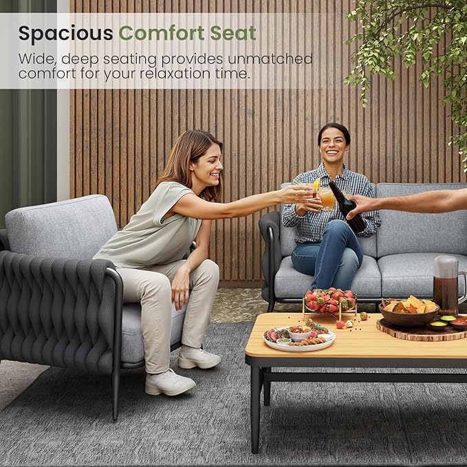 Patio Furniture Set, 4-Seat Outdoor Sofa Furniture Deep Seating with Coffee Table, Metal Patio Conversation Sets with Waterproof & Extra-Thick Cushions for Garden, Poolside, Backyard