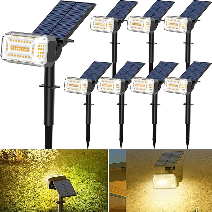 WENATY 102 LED Solar Spot Lights Outdoor Waterproof IP65, Adjustable Landscape Spotlights, [8 Pack/4 Modes] Auto On/Off Solar Powered Flood Lights for Outside Yard Garden Wall Pathway (Warm White)