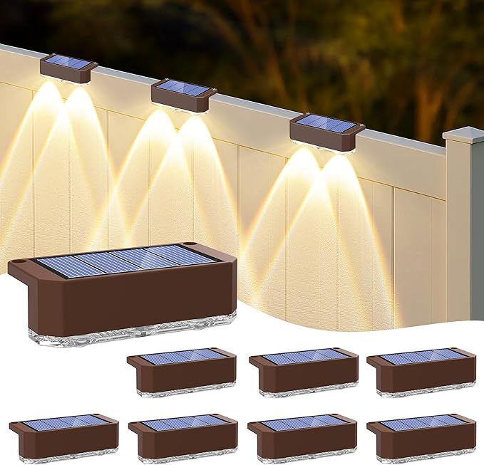 Peasur Solar Fence Lights Outdoor, 8 Pack Step Light Solar Powered, Waterproof LED Deck Lights for Stairs Railing Yard Patio Outside Warm White-Brown