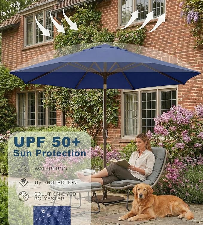 PatioKingdom 9FT Patio Outdoor Umbrella-UPF 50+ Sun Shade with Wind Vent, Push-Button Tilt & Smooth Crank Lift, Rust-Resistant Fiberglass Frame for Garden, Backyard,Yard (Navy)