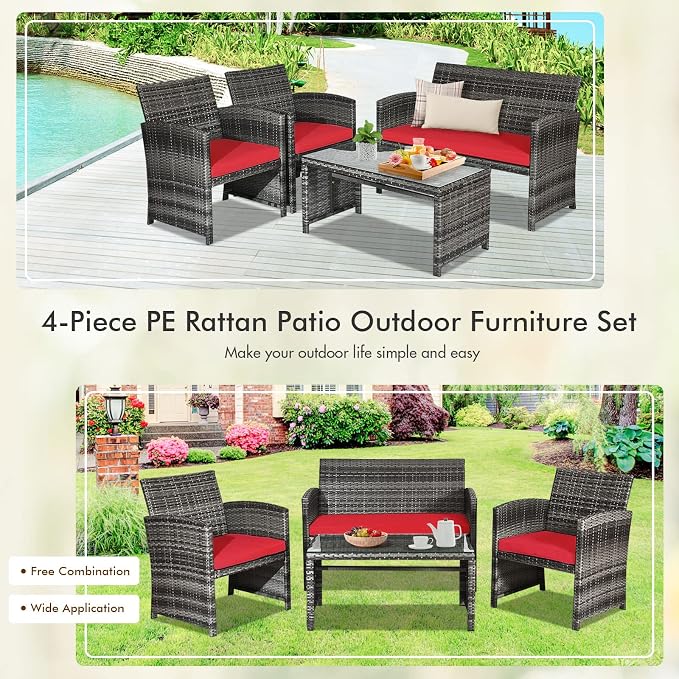 Outdoor Conversation Set, 4 Pieces Wicker Patio Furniture Set with Ergonomic Curved Design, Patio Chair Set with Water-Resistant Cushion & Tempered Glass Table for Porch, Poolside (Red)
