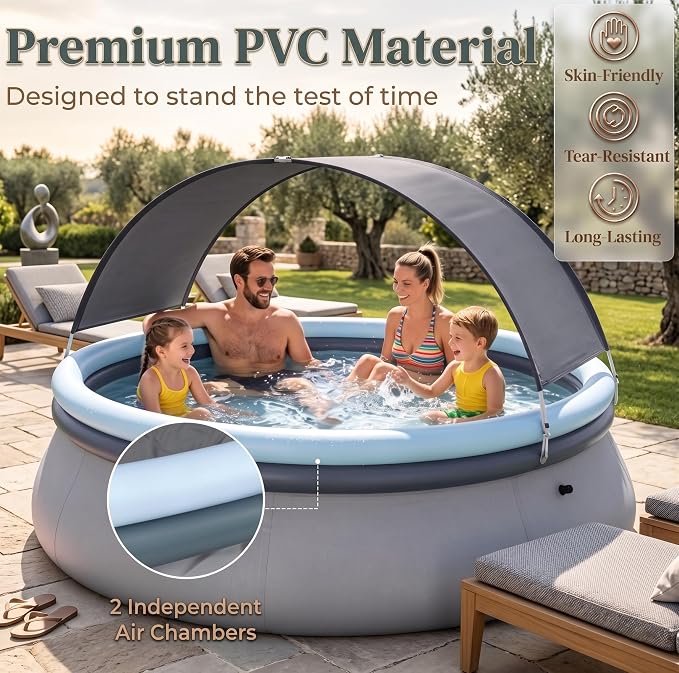 Inflatable Swimming Pool with UPF 50+ Sunshade Canopy, 94.5" x 55.5" Blow Up Pool for Backyard Patio, Premium Tear-Resistant PVC Above Ground Family Lounge Pool, Gray & Blue (94.5" x 55.5")