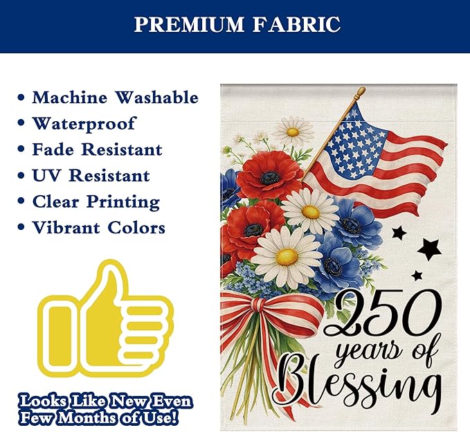 4th of July Garden Flag, 250 Anniversary USA Flag Patriotic America Memorial Day Yard Outdoor Decorations Outside God 250 Years of Blessing Fourth of July Garden Flag Double Sided Waterproof 12x18 Inch