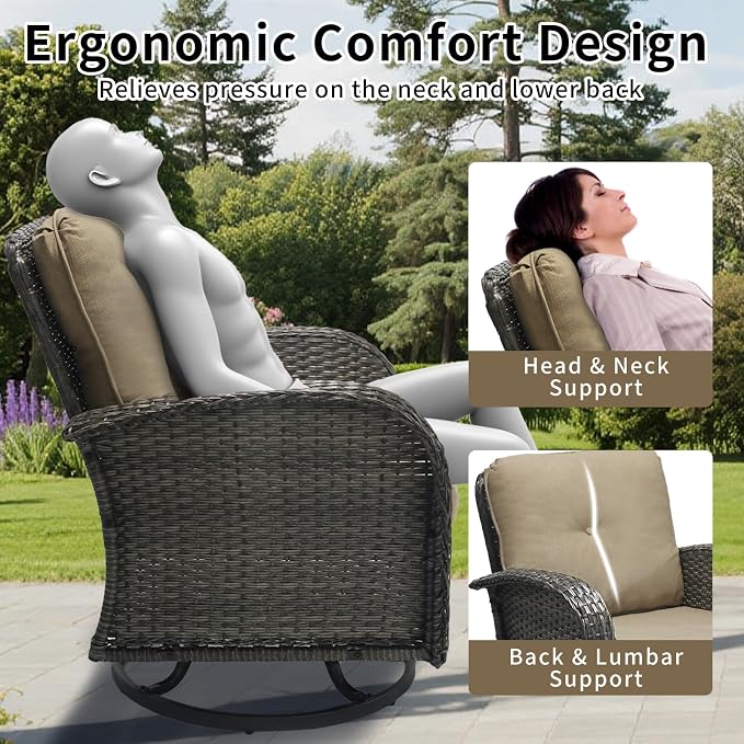 3 Piece Outdoor Swivel Rocker Patio Chairs, All-Weather Rattan Chair, Wicker Glider Patio Furniture Set with Side Table, for Garden, Backyard, Deck, Gray Rattan & Khaki Cushions