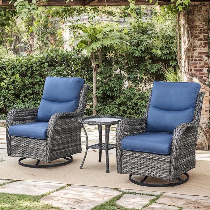 Patio Swivel Chairs with Smile-Shaped Cushions, 3 Piece High Back Patio Swivel Glider Chairs with Side Table 3PCS PE Rattan Luxury Swivel Patio Chair Set | Grey Wicker - Blue Cushions