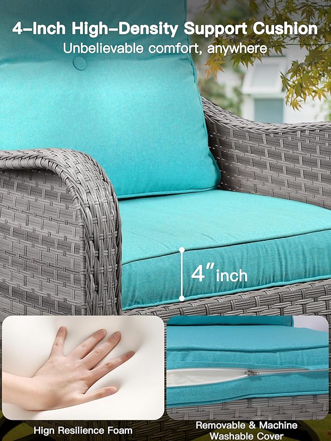 13-Piece Outdoor Conversation Set with 43" Fire Pit Table, 8 Swivel Rocking Chairs (4" Cushions) & 4 Side Tables, All-Weather PE Rattan & Steel Frame for Porch, Deck, Backyard, Turquoise