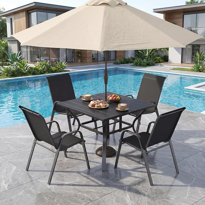 5 Pieces of Outdoor Dining Set - Square Patio Table with Umbrella Hole and 4 Stackable Dining Chairs All-Weather for Garden, Deck, and Poolside (Black, 38“L x 38“W x 28"H Square Dining Table)