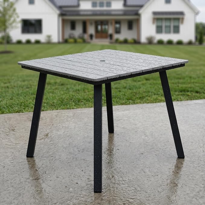 35" Square Patio Dining Table, with Umbrella Hole, Heavy-Duty Iron Frame and WPC Top, All-Weather Outdoor Patio Table for Backyard, Garden and Outdoor Dining