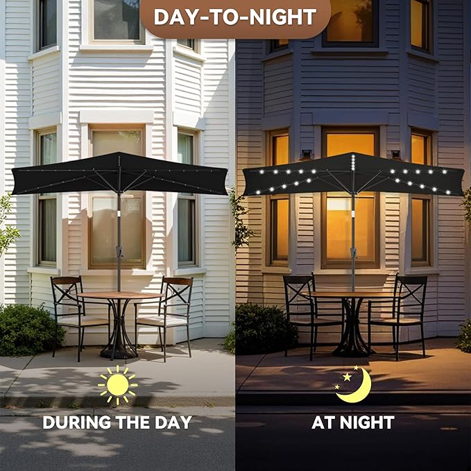 FLAME&SHADE 9 FT Solar Half Patio Umbrella with 25 LED Lights, Half Outdoor Umbrella with Button Tilt, Half Round Table Umbrella For Deck, Backyard, Balconies, Decks, Rvs, UV Protection (Black)