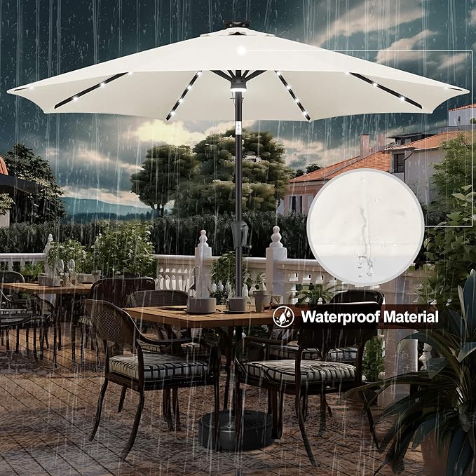 FLAME&SHADE 11 FT Solar Light Patio Umbrella, 40 LED lights outdoor umbrella with Centre Surround Light, Table Market Umbrella for Deck, Pool, Porch, Backyard, Garden, UV Protection, Ivory