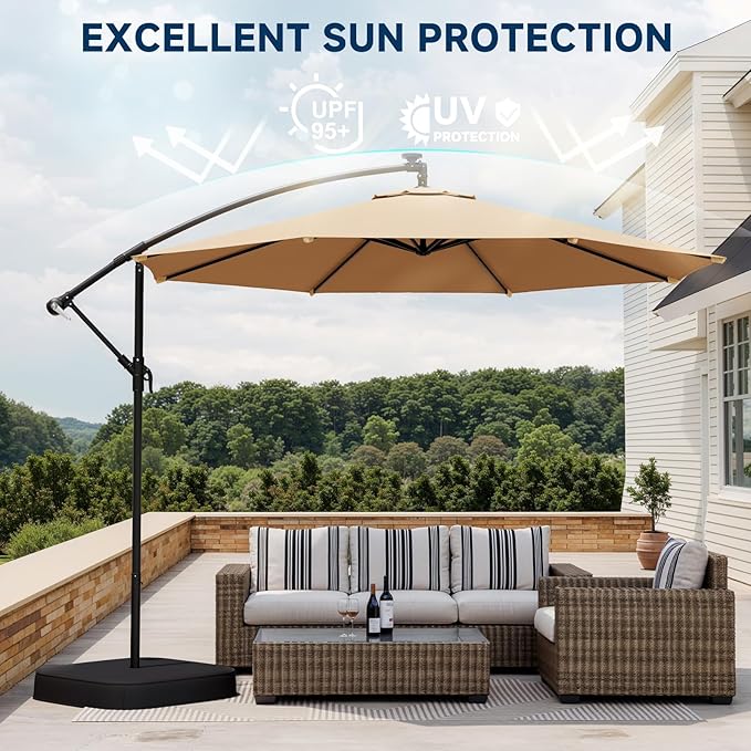 UPHYB 10FT Patio Umbrella with Base Included, Outdoor Offset Cantilever Umbrella, Infinite Tilt, Crank and Cross Base, UV Protection for Backyard, Lawn, Garden & Pool