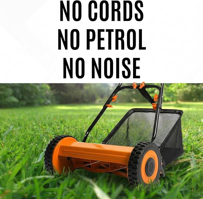 14in Push Along Lawn Mower - Lightweight 13.2 lbs - 4 Cutting Heights 0.6" to 1.6" - Rear Roller for Stripes - 14in Heavy Duty Steel Blades - 4.8 Gallon Collection Box (14 in)