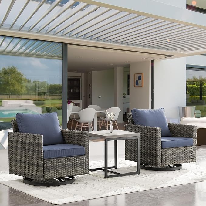 Outdoor Patio Swivel Rocker Chairs - 3 Piece Wicker Patio Furniture Bistro Swivel Rocking Chairs Set with Comfortable Cushions,Sturdy Metal Frame and Side Table for Porch Deck(Mixed Grey/Blue)