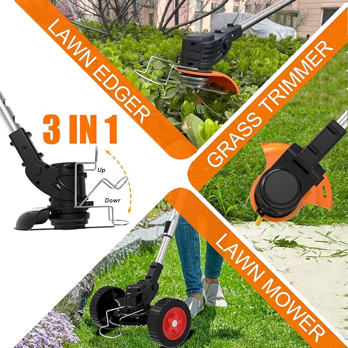 Weed Wacker Cordless Electric Weed Eater Battery Powered, Lightweight No-String Weed Trimmer with 2 Batterys & Wheels, 3 in 1 Stringless Grass Trimmer/Edger/Brush Cutter for Garden Yard Lawn