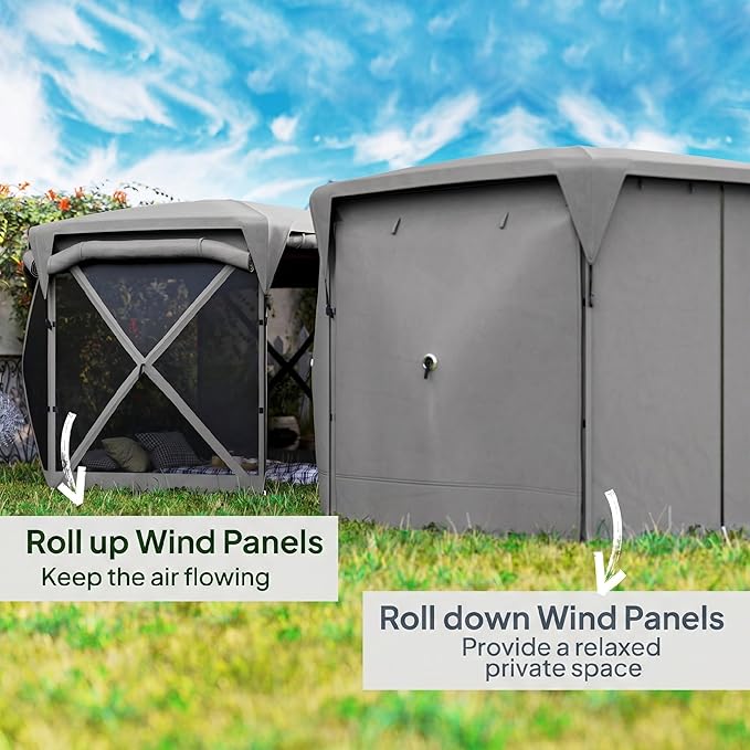 Outsunny Pop Up Gazebo Screen Tent House, 11 x 11ft with UPF30+ Removable Roof Cover, 4 Roll-up Wind Panels and Carry Bag for Camping, Patio, Backyard, Lawn, Dark Gray