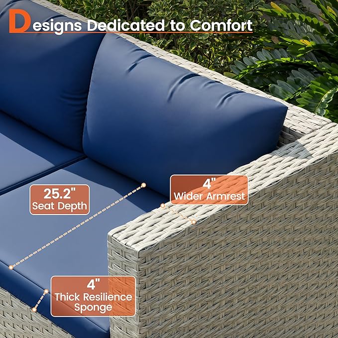 Patio Furniture Set, 7-Piece Outdoor Sectional All-Weather Wicker Patio Conversation Set for Backyard (Navy Blue Cushions with Grey Rattan)