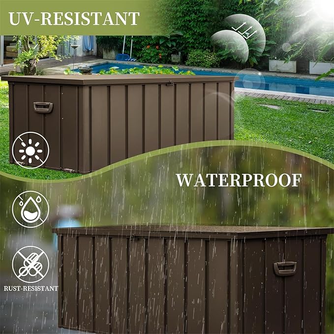 120 Gallon Metal Deck Box, Outdoor Storage Box Waterproof with Wheels, Lockable Storage Container for Patio Furniture Cushions Garden Tools, Dark Brown