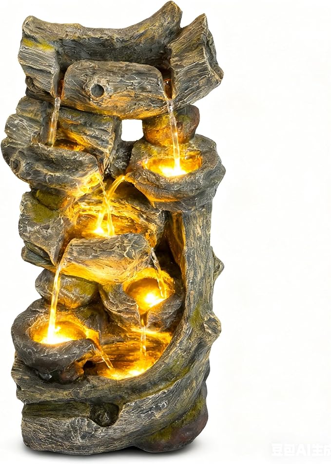 7-Tier Cascading Outdoor Fountain with LED Lights, 37.2" H Fountains and Waterfalls Realistic Tree Trunk for Garden, Patio, Yard Decor