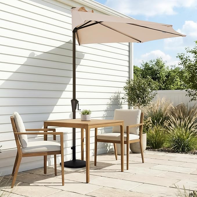 JEAREY 9ft Half Umbrella Outdoor Patio Umbrella Market Umbrellas with Crank, 1/2 Round Wall Umbrella 5 Sturdy Ribs UV Protection for Pool Garden Balcony Deck, Beige