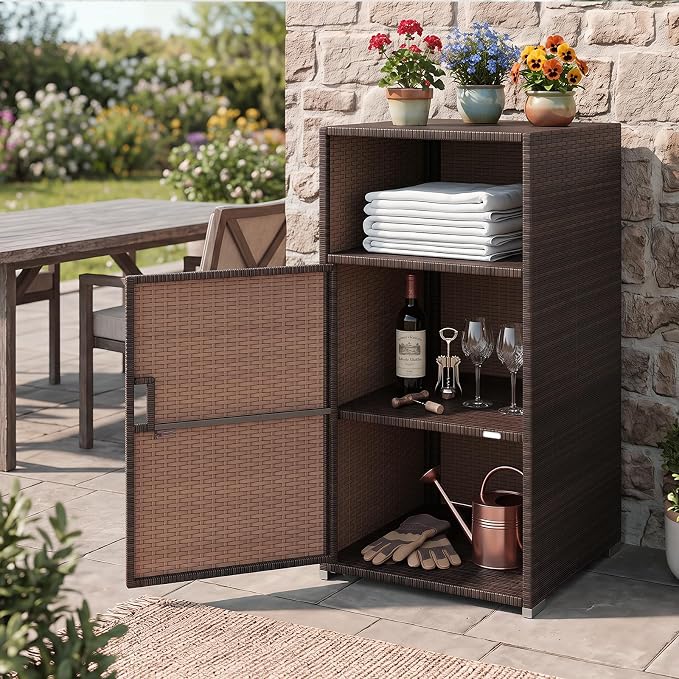 Tangkula Rattan Outdoor Storage Cabinet, Patiojoy PE Wicker Outdoor Cabinet with 3 Storage Shelves, Open Compartment and Door, Patio Storage Deck Box for Porch, Poolside, Backyard