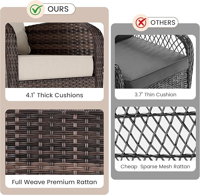 Kromax Outdoor Patio Furniture Set, All-Weather Wicker Swivel Glider Chairs Set of 2 with Coffee Table Table & Thick Machine Washable Cushions for Backyard, Garden, Porch, Brown/Beige