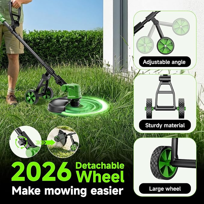 20000 RPM Brushless Battery Weed Wacker Cordless, 6000mAh Electric Weed Eater Battery Powered, Heavy Duty Brush Cutter Edger Lawn Tool/Weed Trimmer/Grass Trimmer W/Wheel Metal Blade, 2 Battery