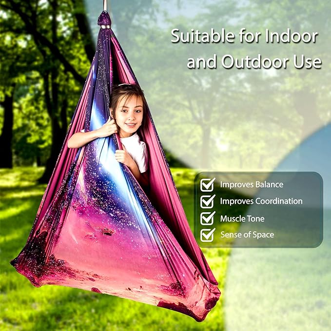 Sensory Swing for Kids Indoor & Outdoor Double Layer Therapy Cuddle Swing with 360° Swivel Hanger Kit Adjustable Swings for Child and Adult with Aspergers Autism (Fantasy Pink)