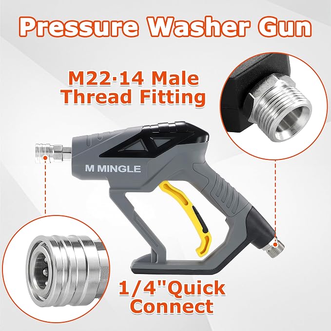 M MINGLE Pressure Washer Gun with Mini Foam Cannon, Dual Connector Accessory, Undiluted Foam Blaster with 5 Nozzle Tips, 1/4" Quick Connect for Car Wash, Patio, Deck Cleaning