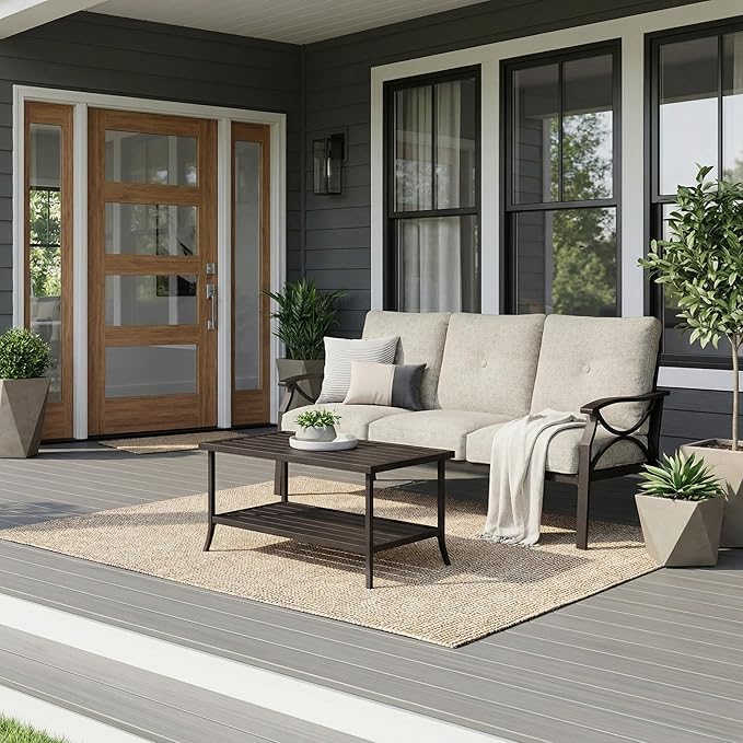 RoyalCraft Outdoor Patio Furniture Set, 2 Piece Patio Conversation Set, Metal Furniture Set with 3 seat Sofa for Porch Backyard, Khaki Metal Chair with Beige Cushions