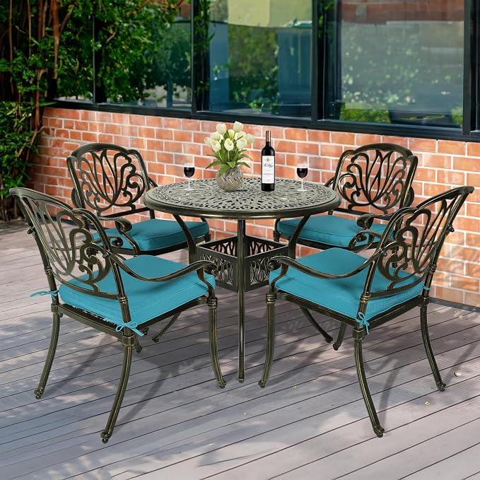 MEETWARM 5 Piece Outdoor Furniture Patio Dining Set, All-Weather Cast Aluminum Patio Table and Chairs Set- 4 Cushioned Chairs, 1 Round Dining Table with Umbrella Hole for Backyard, Ocean Blue