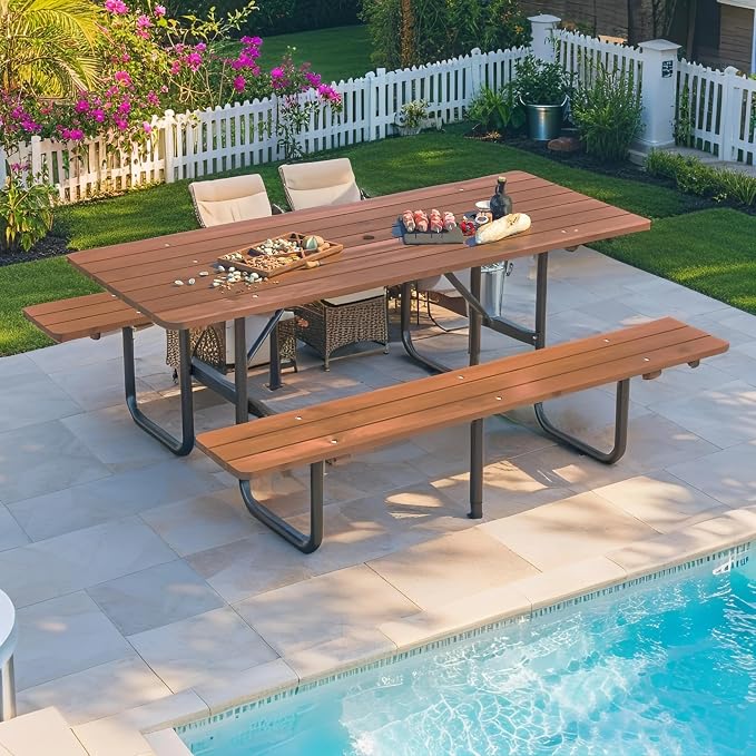 Outdoor Picnic Table with Benches, 6 - Person Picnic Table, Wooden Patio Dining Set, 1.97'' Umbrella Hole, Waterproof and Rounded Corners Design for Backyard, Garden, Park, Restaurant, Picnic, Natural