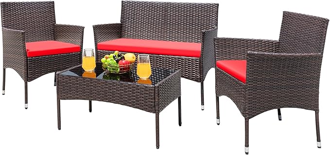 Greesum Patio Furniture 4 Pieces Conversation Sets Outdoor Wicker Rattan Chairs Garden Backyard Balcony Porch Poolside loveseat with Cushion and Glass Table, Brown and Red