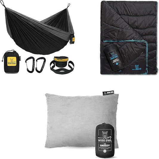 Wise Owl Outfitters Black Hammock with Pillow & Blanket - 400 lbs Capacity, 16 oz Weight, Waterproof Camping Accessories
