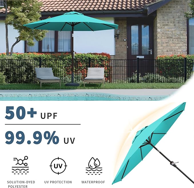 10FT Patio Umbrella, Outdoor Umbrella with Push Button Tilt and Crank, 8 Sturdy Ribs, UV Protection & Waterproof Market Umbrella for Pool, Backyard, Beach,Deck (Peacock Blue)