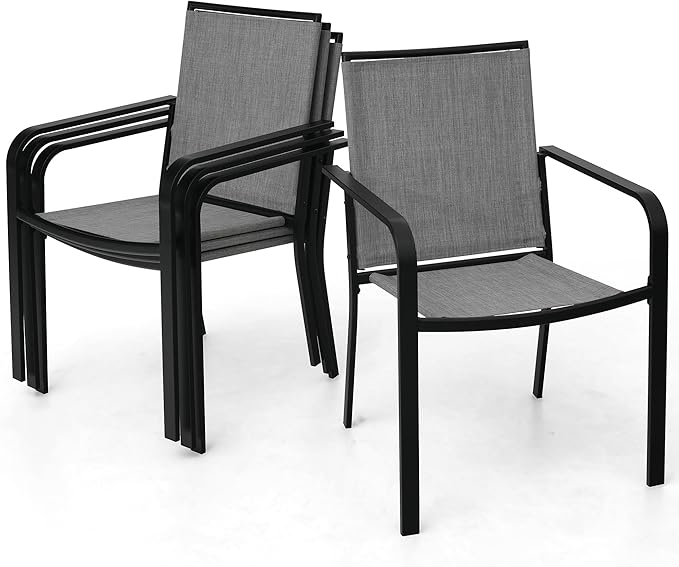 Anmutig 5-Piece Outdoor Patio Dining Set, 40 Inch Round Glass Table with 4 Stackable Chairs, Grey