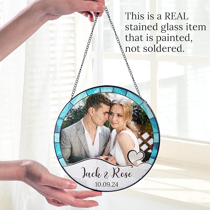 Personalized Stained Glass Window Hanging Suncatcher - Gift for Family, Couple - Portrait Couple Family - Perfect Valentine Gift, Custom Photo, Name and Date