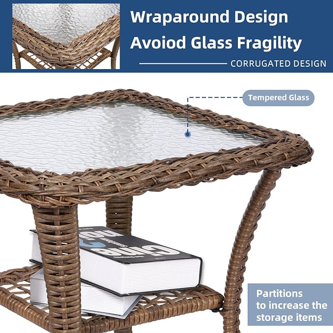 3-Piece Patio Wicker Conversation Bistro Set, Rattan Gliding Rocking Swivel Chairs with Cushion and Glass Top Side Table Outdoor Furniture Sets for Garden Backyard, Light Brown