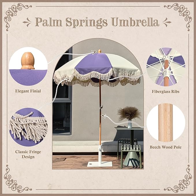 LAGarden Fringe Patio Umbrella with Carry Bag & Cover Vintage Wood for Event Outdoor Garden Yard Wedding Bistro Table